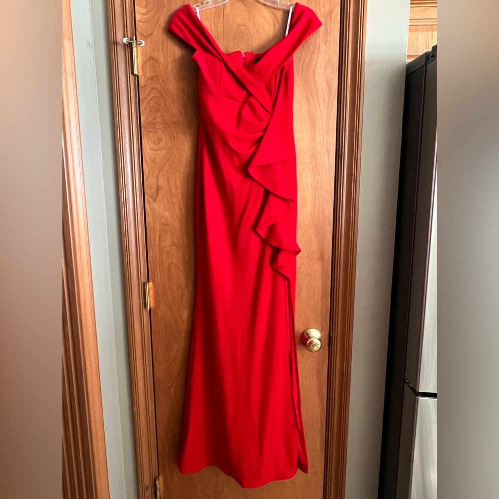 Red off-the shoulder maxi dress.  Worn once for a formal event.